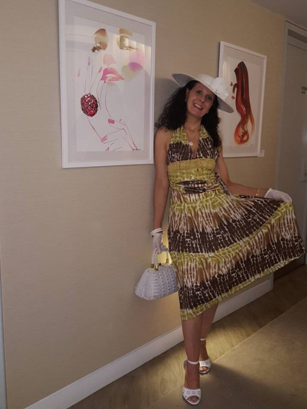 Miss Me Halter Sundress Green/White/Brown Print Sz XS Lined Ties at Neck/Waist